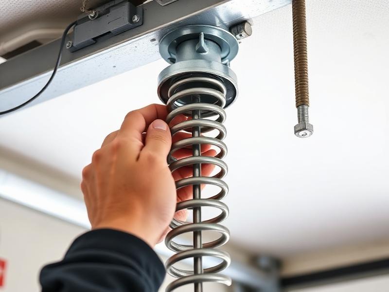 Technician adjusting garage door spring tension for proper balance